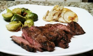flank and brussel sprouts